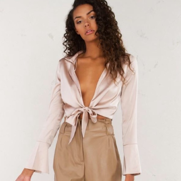 cotton candy Tops - Akira beige sexy silky tie front crop top